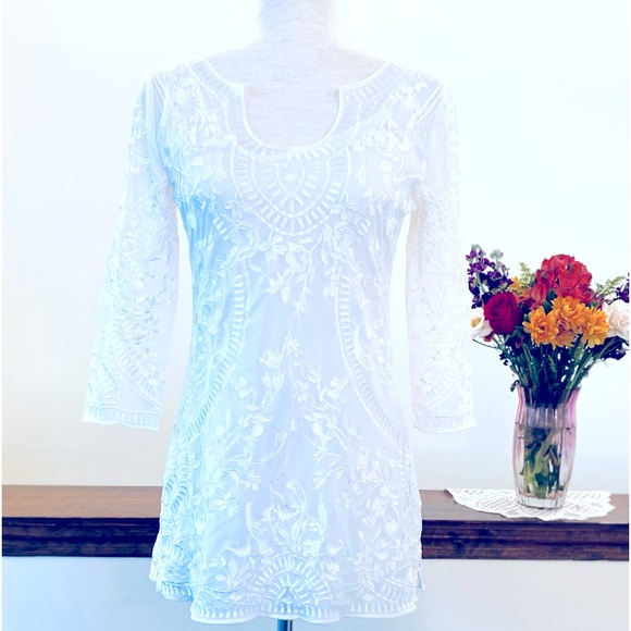 🌹White House Black Market Two-piece Embroidered Tunic Top, Size XS, White - Picture 4 of 9